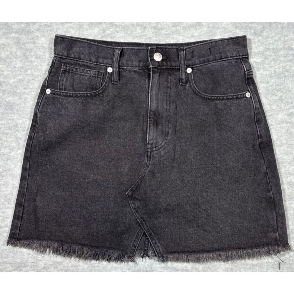 Madewell Women’s Black Mini Jean Skirt Sz 27 Rigid Denim A Line Fray Edge
